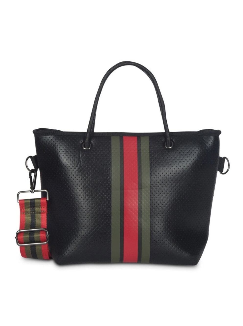 EUC Haute Shore Ryan Bello Neoprene Tote Black Red Olive Stripe Crossbody Bag